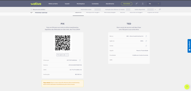 Tela de depósito via Pix no site da Ativa Investimentos, com chave em CNPJ e QR Code ilustrativo.